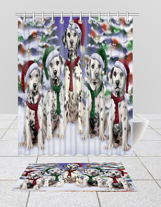 Dalmatian Dogs Christmas Family Portrait in Holiday Scenic Background  Bath Mat and Shower Curtain Combo