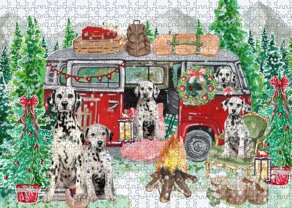 Christmas Time Camping with Dalmatian Dogs Portrait Jigsaw Puzzle for Adults Animal Interlocking Puzzle Game Unique Gift for Dog Lover's with Metal Tin Box