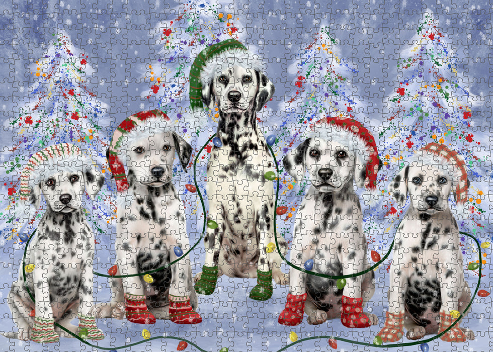 Christmas Lights and Dalmatian Dogs Portrait Jigsaw Puzzle for Adults Animal Interlocking Puzzle Game Unique Gift for Dog Lover's with Metal Tin Box