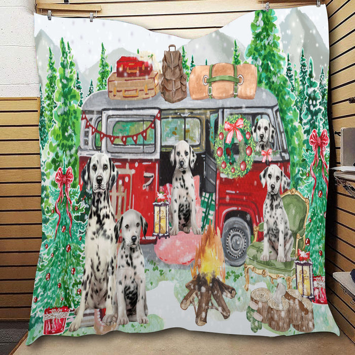 Christmas Time Camping with Dalmatian Dogs  Quilt Bed Coverlet Bedspread - Pets Comforter Unique One-side Animal Printing - Soft Lightweight Durable Washable Polyester Quilt