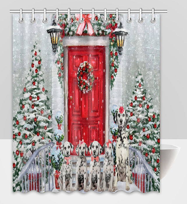 Christmas Holiday Welcome Dalmatian Dogs Shower Curtain Pet Painting Bathtub Curtain Waterproof Polyester One-Side Printing Decor Bath Tub Curtain for Bathroom with Hooks