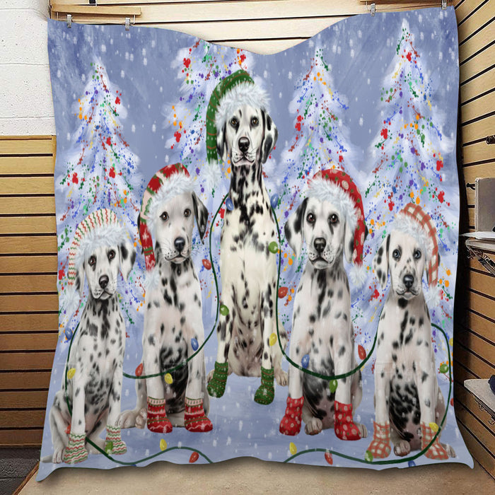 Christmas Lights and Dalmatian Dogs  Quilt Bed Coverlet Bedspread - Pets Comforter Unique One-side Animal Printing - Soft Lightweight Durable Washable Polyester Quilt