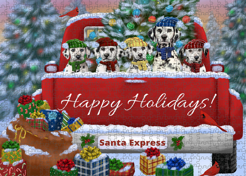Christmas Red Truck Travlin Home for the Holidays Dalmatian Dogs Portrait Jigsaw Puzzle for Adults Animal Interlocking Puzzle Game Unique Gift for Dog Lover's with Metal Tin Box