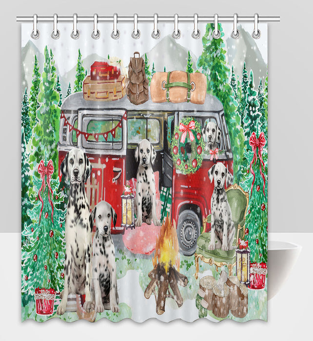 Christmas Time Camping with Dalmatian Dogs Shower Curtain Pet Painting Bathtub Curtain Waterproof Polyester One-Side Printing Decor Bath Tub Curtain for Bathroom with Hooks