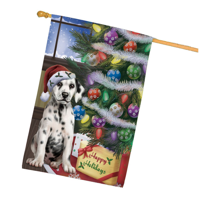 Christmas Tree with Presents Dalmatian Dog House Flag Outdoor Decorative Double Sided Pet Portrait Weather Resistant Premium Quality Animal Printed Home Decorative Flags 100% Polyester