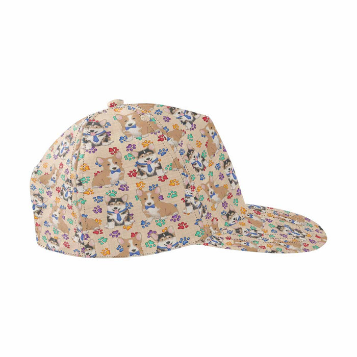 Women's All Over Rainbow Paw Print Corgi Dog Snapback Hat Cap