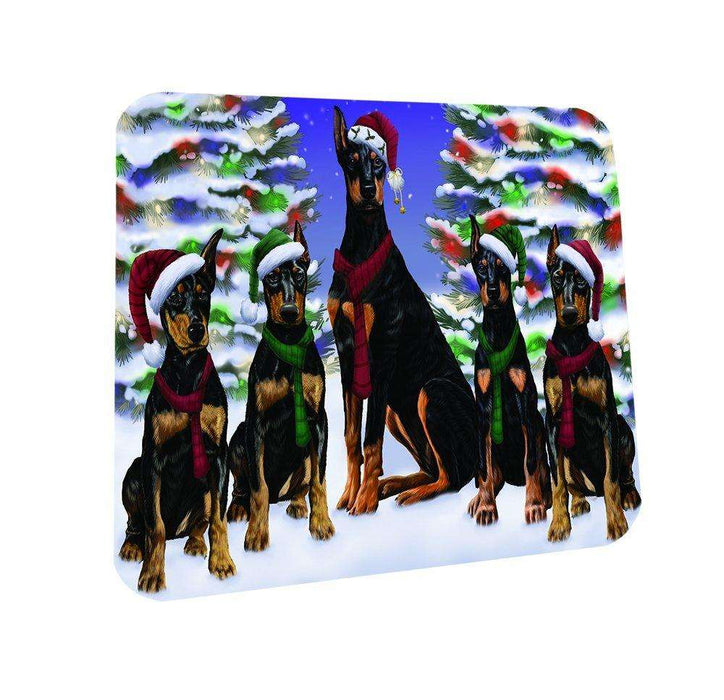 Doberman Dog Christmas Family Portrait in Holiday Scenic Background Coasters Set of 4