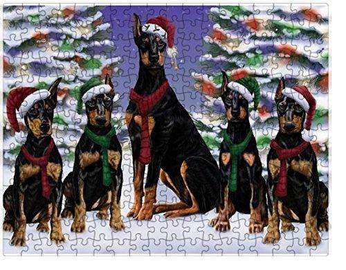 Doberman Dog Christmas Family Portrait in Holiday Scenic Background Puzzle with Photo Tin