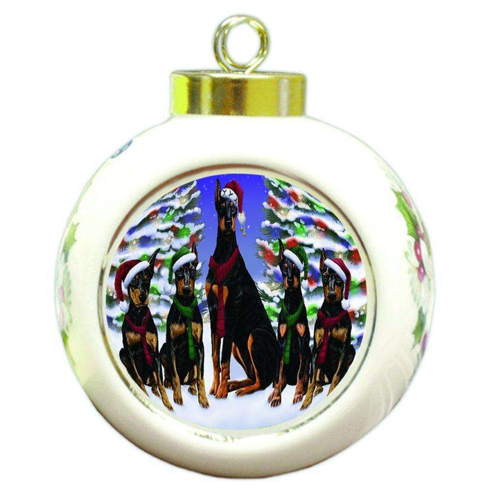 Doberman Dog Christmas Family Portrait in Holiday Scenic Background Round Ball Ornament D139