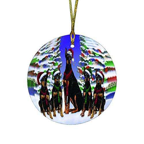 Doberman Dog Christmas Family Portrait in Holiday Scenic Background Round Ornament D139
