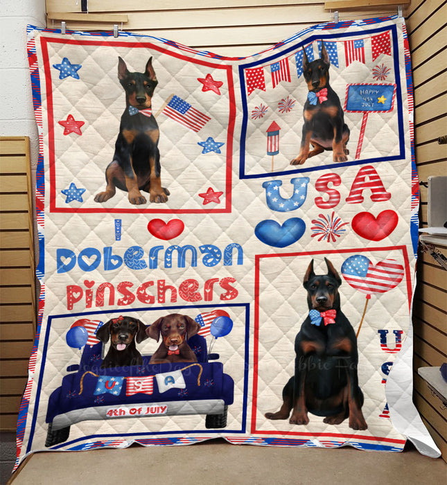 4th of July Independence Day I Love USA Doberman Dogs Quilt Bed Coverlet Bedspread - Pets Comforter Unique One-side Animal Printing - Soft Lightweight Durable Washable Polyester Quilt