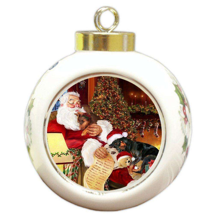 Doberman Pinscher Dog and Puppies Sleeping with Santa Round Ball Christmas Ornament D431