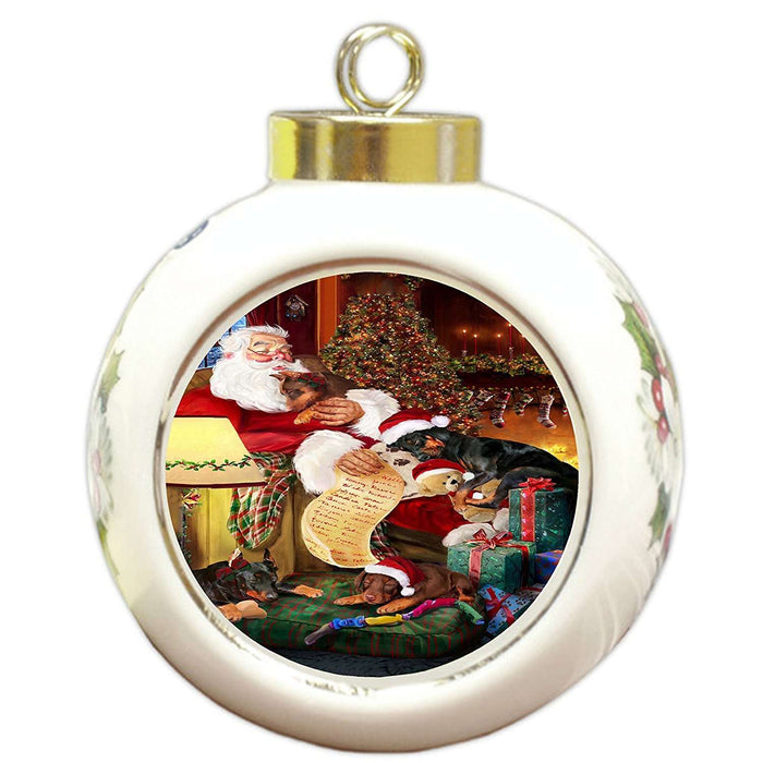Doberman Pinscher Dog and Puppies Sleeping with Santa Round Ball Christmas Ornament