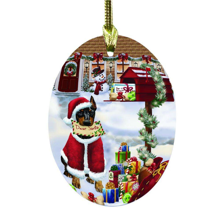 Doberman Pinscher Dog Dear Santa Letter Christmas Holiday Mailbox Oval Glass Christmas Ornament OGOR49043