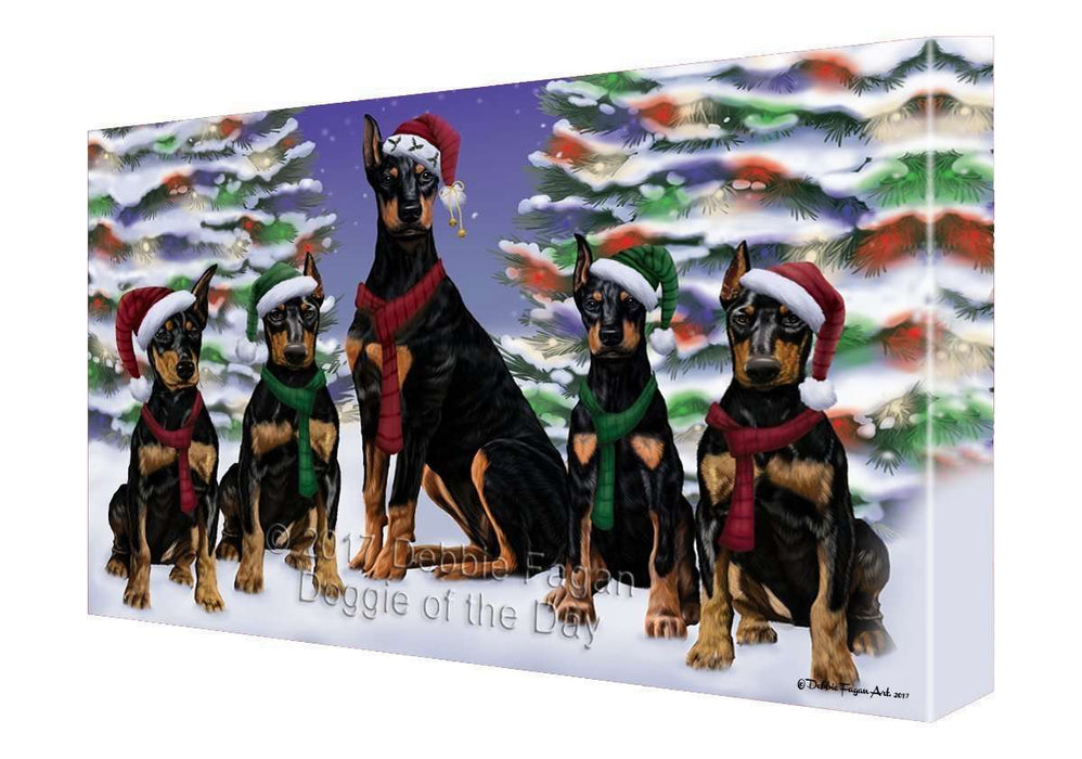 Doberman Pinschers Dog Christmas Family Portrait in Holiday Scenic Background Canvas Wall Art