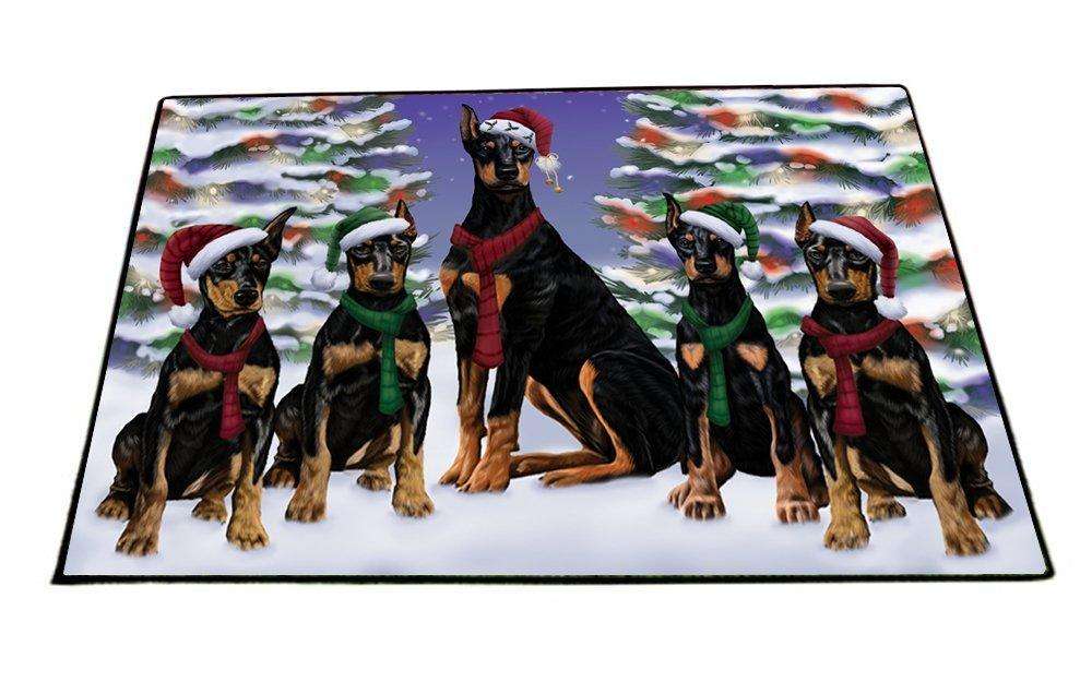 Doberman Pinschers Dog Christmas Family Portrait in Holiday Scenic Background Indoor/Outdoor Floormat