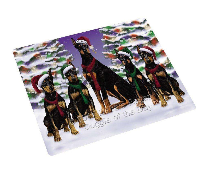 Doberman Pinschers Dog Christmas Family Portrait in Holiday Scenic Background Tempered Cutting Board