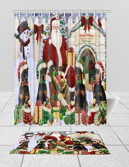 Happy Holidays Christmas Doberman Dogs House Gathering Bath Mat and Shower Curtain Combo