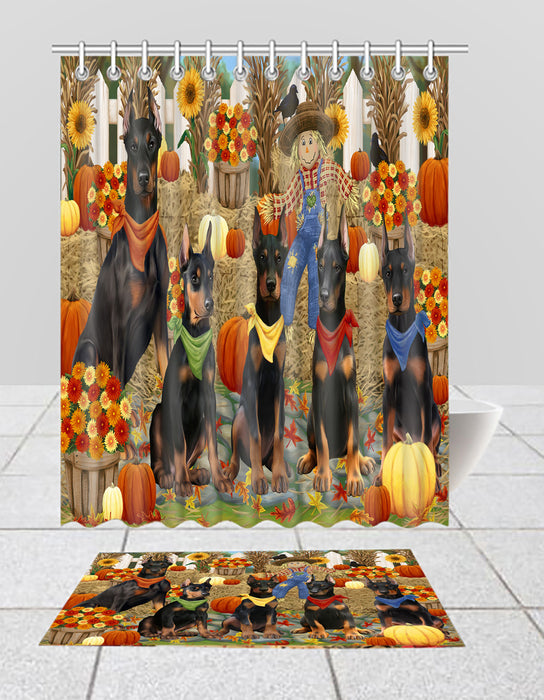 Fall Festive Harvest Time Gathering Doberman Dogs Bath Mat and Shower Curtain Combo