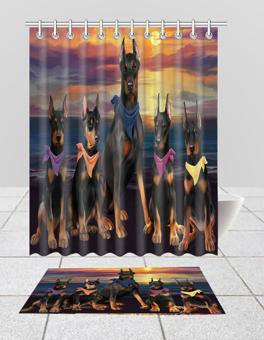 Family Sunset Portrait Doberman Dogs Bath Mat and Shower Curtain Combo