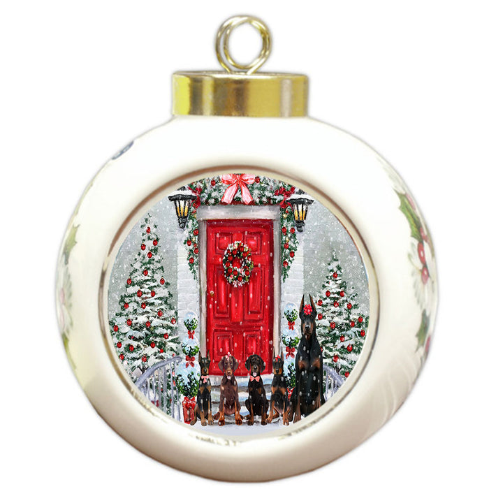 Christmas Holiday Welcome Doberman Dogs Round Ball Christmas Ornament Pet Decorative Hanging Ornaments for Christmas X-mas Tree Decorations - 3" Round Ceramic Ornament