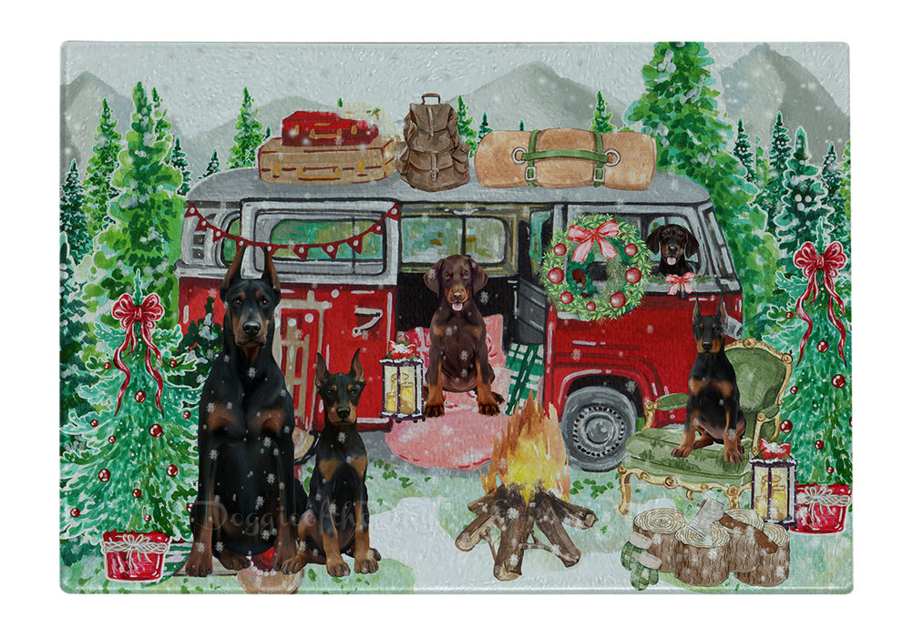 Christmas Time Camping with Doberman Dogs Cutting Board - For Kitchen - Scratch & Stain Resistant - Designed To Stay In Place - Easy To Clean By Hand - Perfect for Chopping Meats, Vegetables