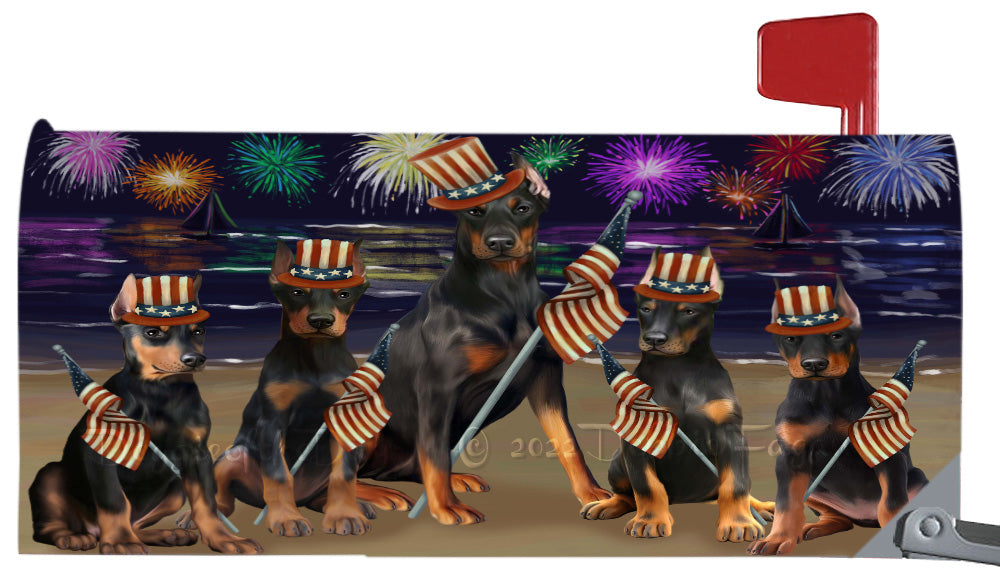 4th of July Independence Day Doberman Dogs Magnetic Mailbox Cover Both Sides Pet Theme Printed Decorative Letter Box Wrap Case Postbox Thick Magnetic Vinyl Material