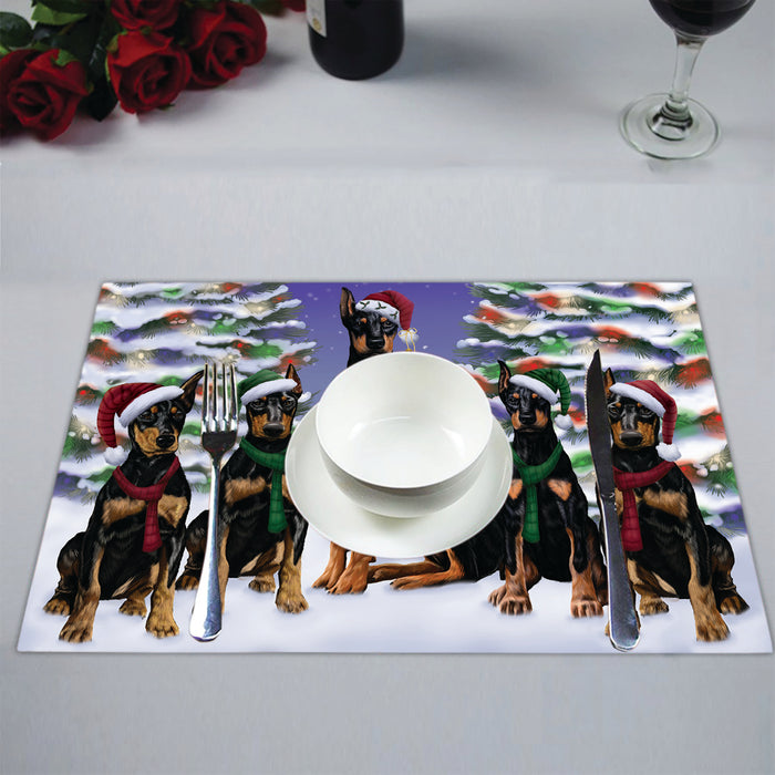 Doberman Dogs Christmas Family Portrait in Holiday Scenic Background Placemat
