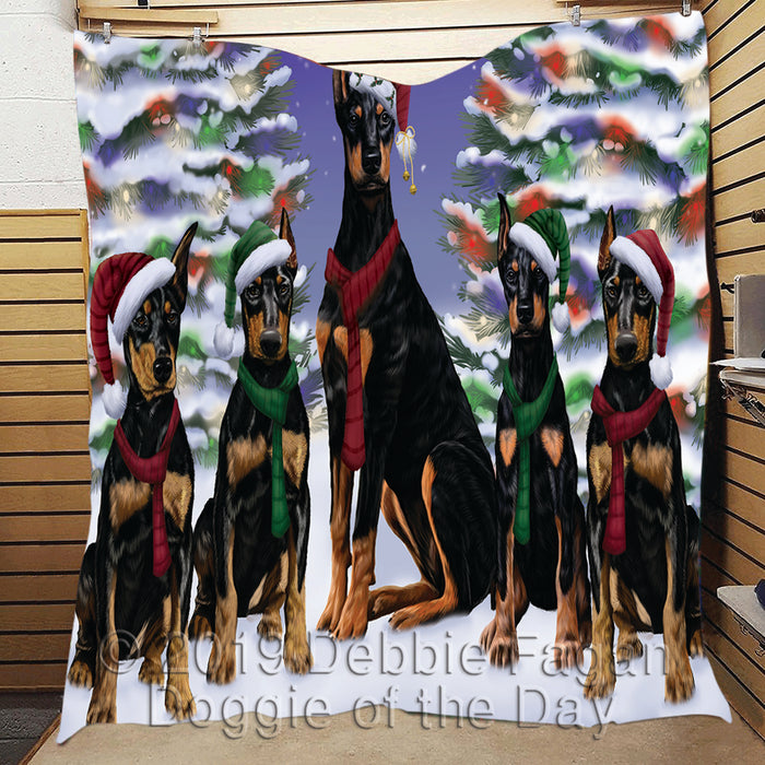 Doberman Dogs Christmas Family Portrait in Holiday Scenic Background Quilt