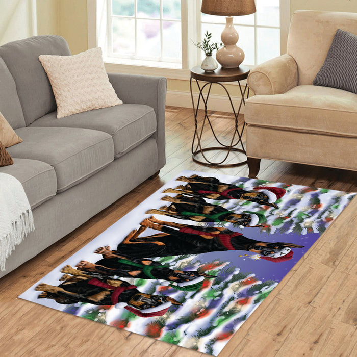 Doberman Dogs Christmas Family Portrait in Holiday Scenic Background Area Rug