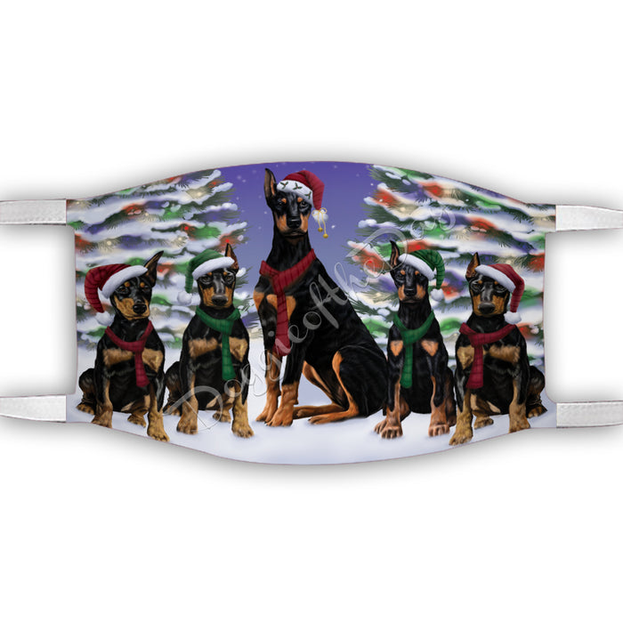 Doberman Dogs Christmas Family Portrait in Holiday Scenic Background Face Mask FM48342