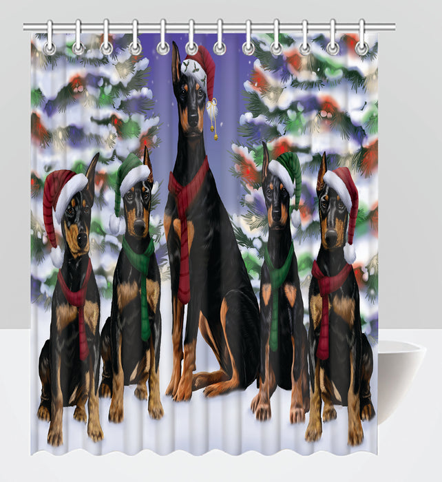 Doberman Dogs Christmas Family Portrait in Holiday Scenic Background Shower Curtain