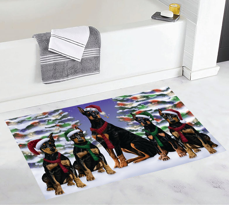 Doberman Dogs Christmas Family Portrait in Holiday Scenic Background Bath Mat