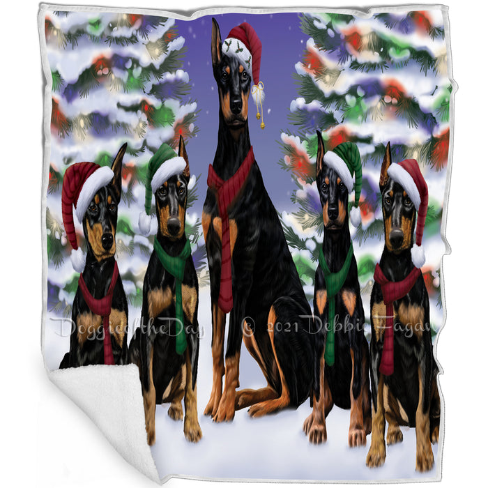 Doberman Pinschers Dog Christmas Family Portrait in Holiday Scenic Background Art Portrait Print Woven Throw Sherpa Plush Fleece Blanket