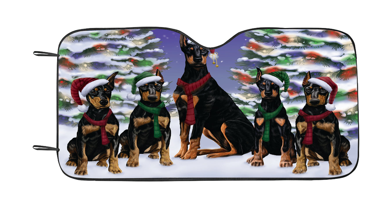 Doberman Dogs Christmas Family Portrait in Holiday Scenic Background Car Sun Shade