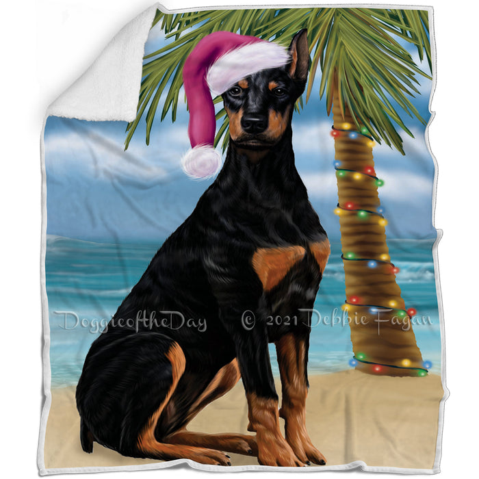 Summertime Happy Holidays Christmas Doberman Dog on Tropical Island Beach Blanket