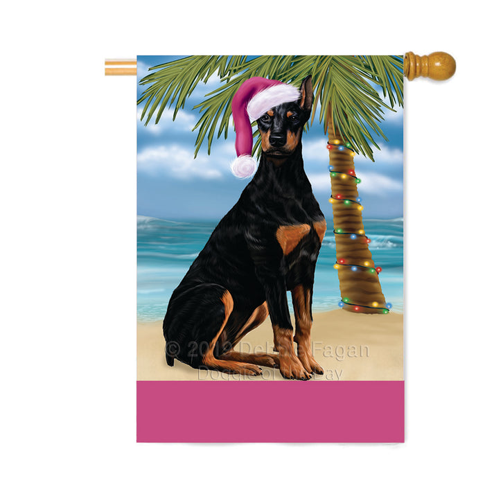 Personalized Summertime Happy Holidays Christmas Doberman Dog on Tropical Island Beach Custom House Flag FLG-DOTD-A60527