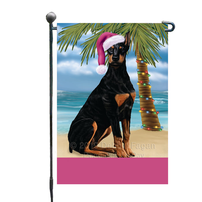 Personalized Summertime Happy Holidays Christmas Doberman Dog on Tropical Island Beach  Custom Garden Flags GFLG-DOTD-A60471