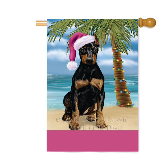 Personalized Summertime Happy Holidays Christmas Doberman Dog on Tropical Island Beach Custom House Flag FLG-DOTD-A60528