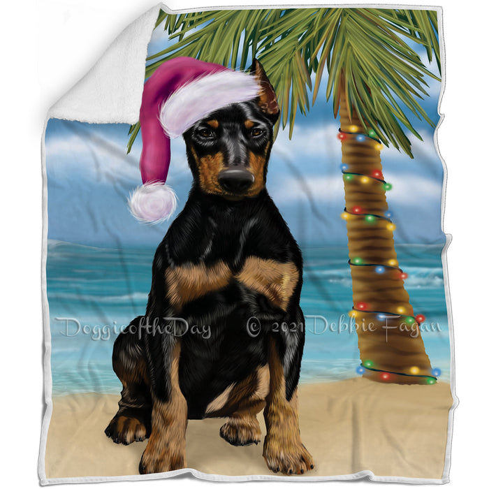 Summertime Happy Holidays Christmas Doberman Dog on Tropical Island Beach Blanket