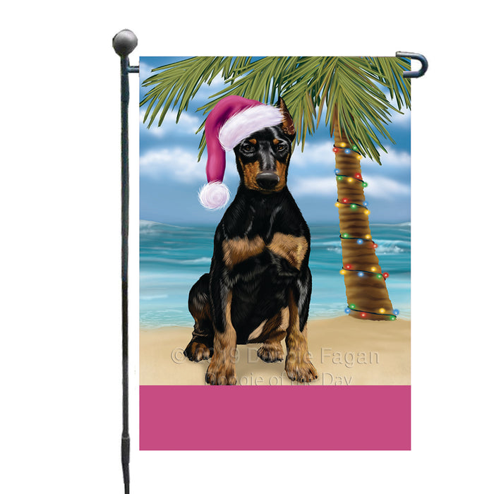 Personalized Summertime Happy Holidays Christmas Doberman Dog on Tropical Island Beach  Custom Garden Flags GFLG-DOTD-A60472