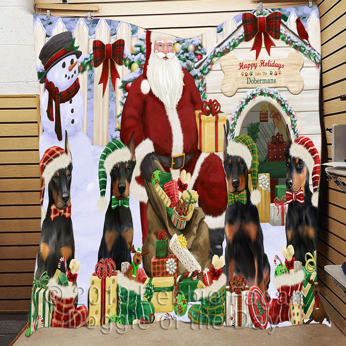 Happy Holidays Christmas Doberman Dogs House Gathering Quilt