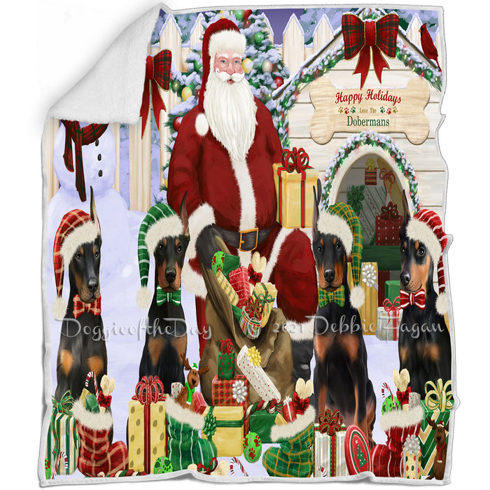 Happy Holidays Christmas Doberman Pinschers Dog House Gathering Blanket BLNKT78591