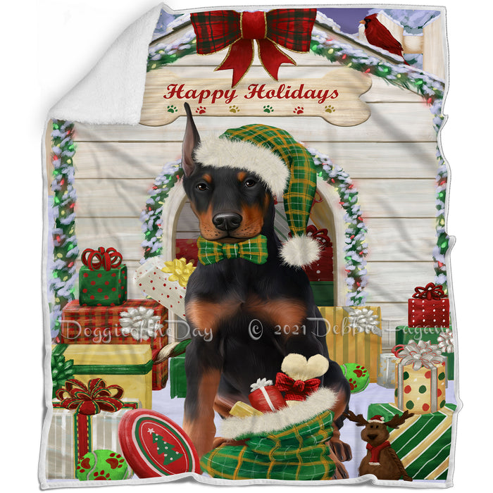 Happy Holidays Christmas Doberman Pinscher Dog House with Presents Blanket BLNKT78888