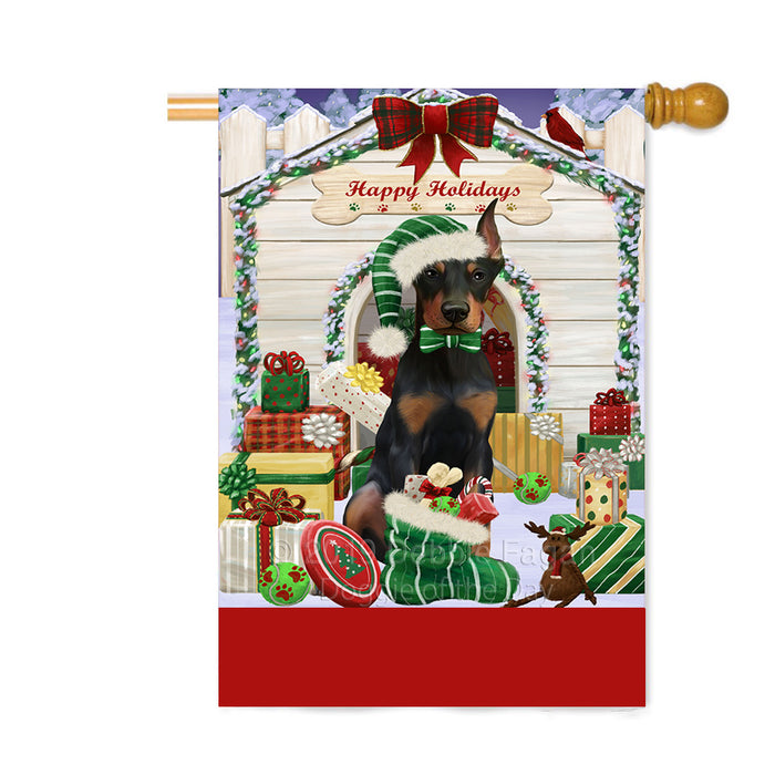 Personalized Happy Holidays Christmas Doberman Dog House with Presents Custom House Flag FLG-DOTD-A59375