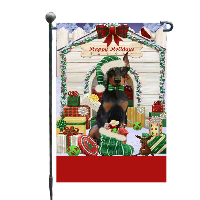 Personalized Happy Holidays Christmas Doberman Dog House with Presents Custom Garden Flags GFLG-DOTD-A59319