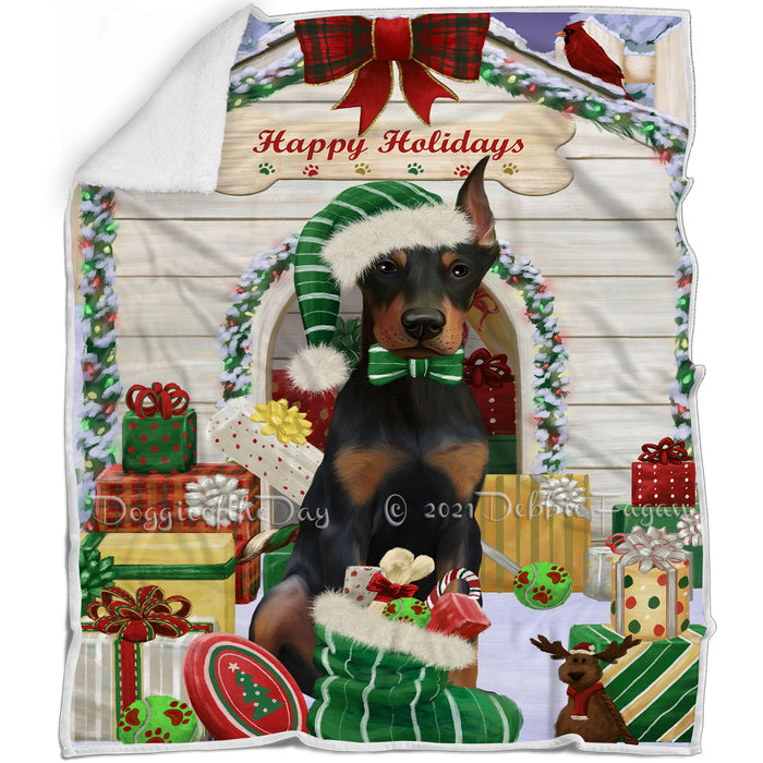 Happy Holidays Christmas Doberman Pinscher Dog House with Presents Blanket BLNKT78897