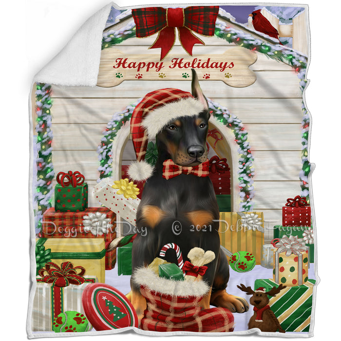 Happy Holidays Christmas Doberman Pinscher Dog House with Presents Blanket BLNKT78906