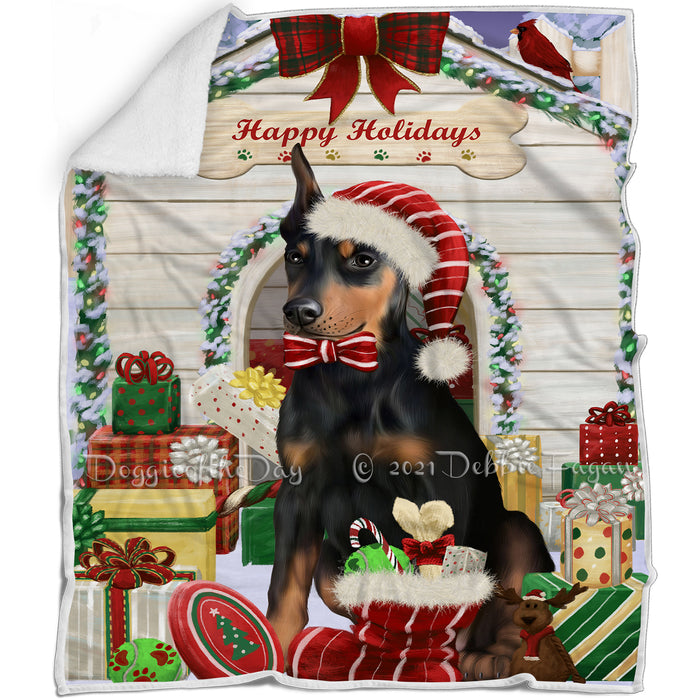 Happy Holidays Christmas Doberman Pinscher Dog House with Presents Blanket BLNKT78915
