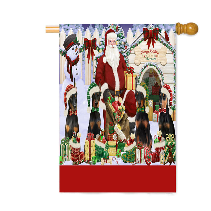 Personalized Happy Holidays Christmas Doberman Dogs House Gathering Custom House Flag FLG-DOTD-A58579